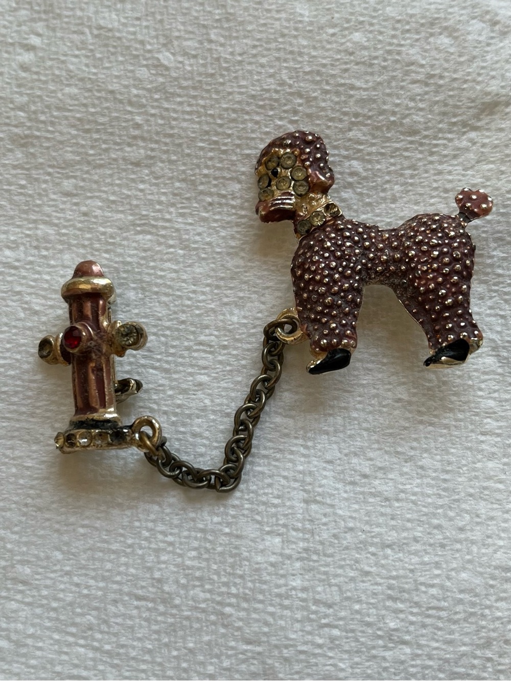 Vintage Pink Poodle Dog Brooch with Fire Hydrant Charm